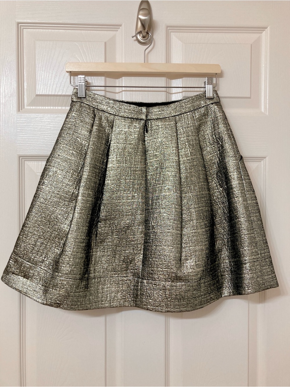 Shoshanna Metallic Gold A-line Pleated Mini Skirt 2 Holiday Gilded Glamour Party - Picture 4 of 6